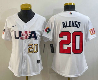 Women%27s USA Baseball #20 Pete Alonso Number 2023 White World Classic Stitched Jerseys